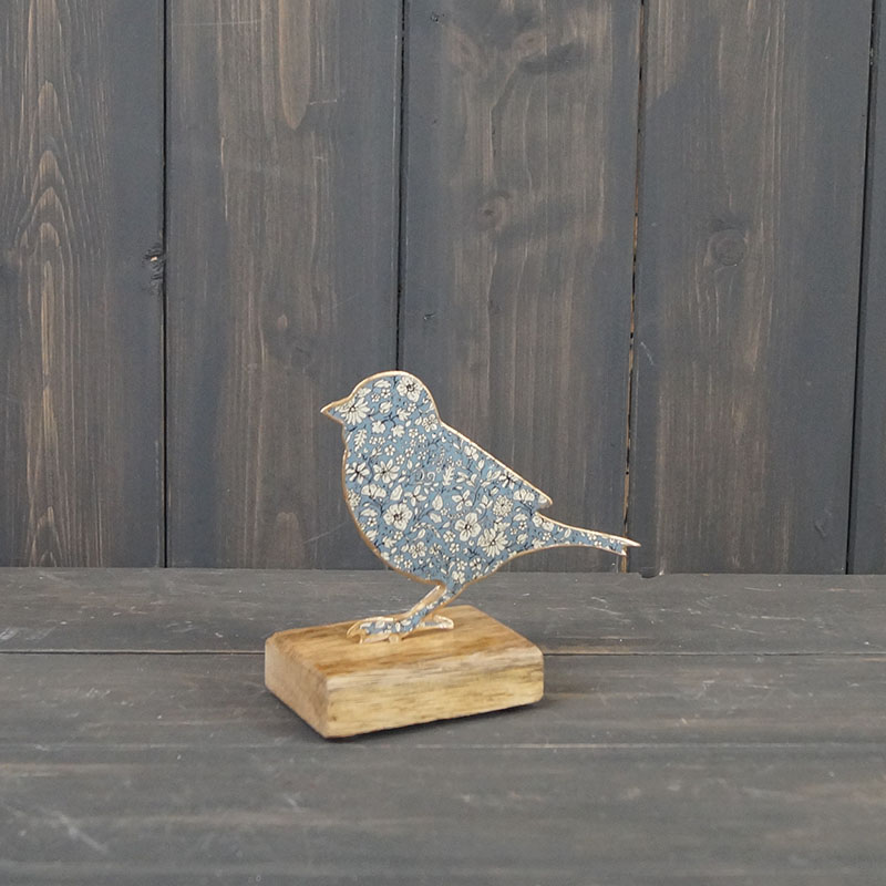 Blue Metal Bird on Wooden Base (12cm) detail page